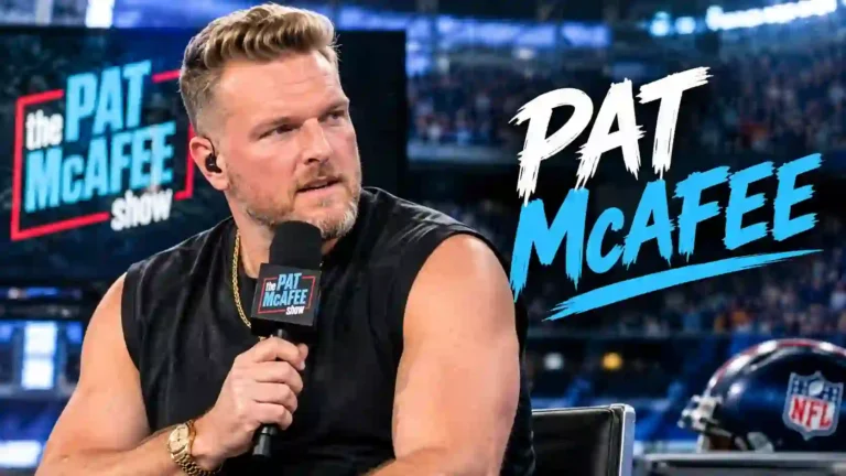 Pat McAfee speaking into a microphone during his sports podcast show