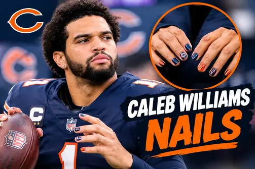 Caleb Williams showing his nails in a Chicago Bears uniform