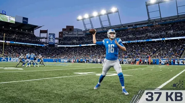 Detroit Lions quarterback Jared Goff (#16) looking downfield to throw a pass during an NFL game.