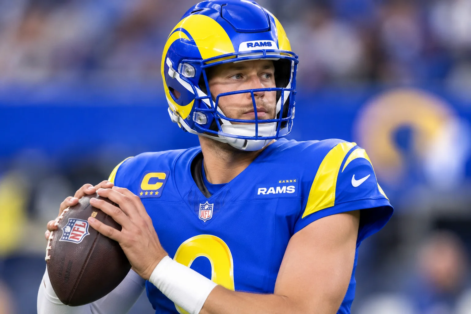 Matthew Stafford wearing a Los Angeles Rams uniform