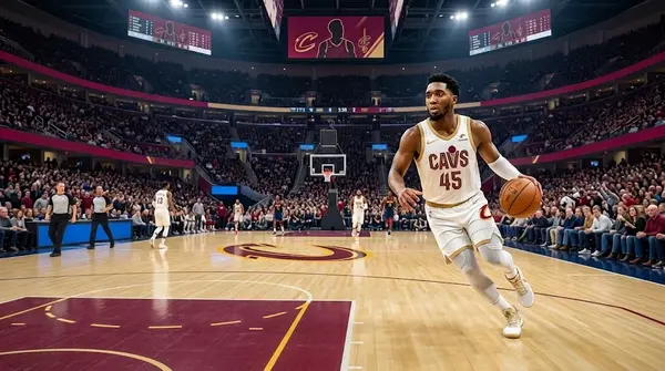 Cleveland Cavaliers guard Donovan Mitchell (#45) dribbling up the court during an NBA basketball game.