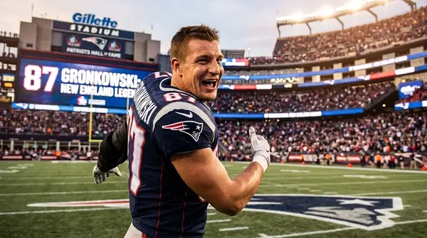 Rob Gronkowski in a New England Patriots #87 jersey pointing and smiling on the field at Gillette Stadium.