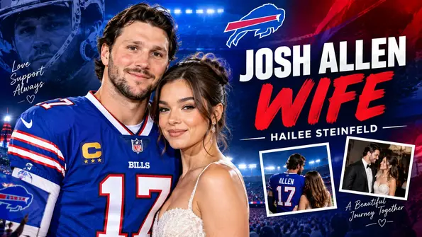 Josh Allen and wife Hailee Steinfeld in a Buffalo Bills themed feature image