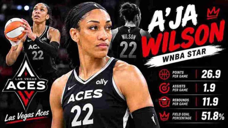 A'ja Wilson wearing her Las Vegas Aces basketball jersey number 22.