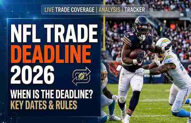 NFL Trade Deadline 2026 banner showing Chicago Bears player running with football against Los Angeles Chargers defense with text When is the Deadline Key Dates and Rules[cite: 4]