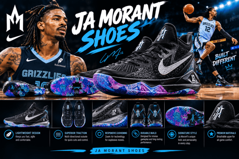 Ja Morant shoes featuring black basketball sneakers with blue and purple accents