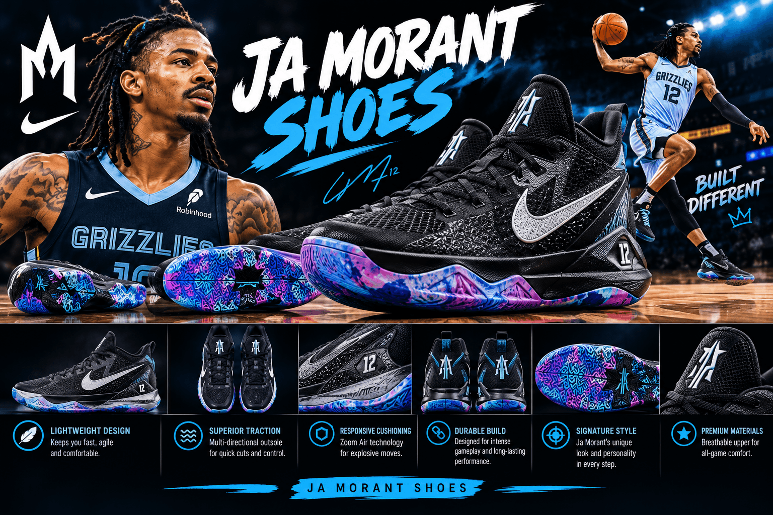 Ja Morant shoes featuring black basketball sneakers with blue and purple accents